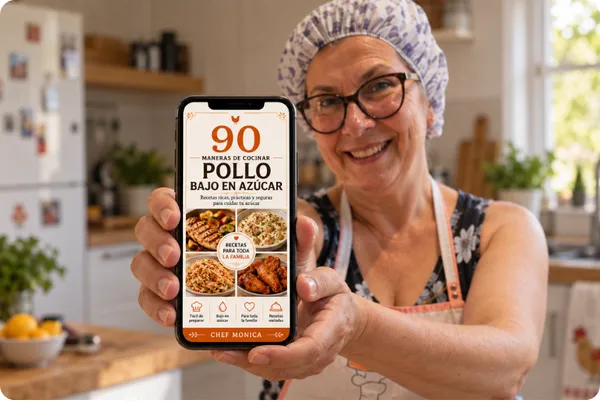 Chef Mónica mostrando la app 90 Maneras de Cocinar Pollo Bajo en Azúcar